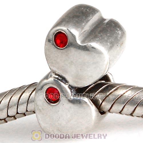 European Sterling Double Heart Charm with Light Siam Austrian Crystal Beads
