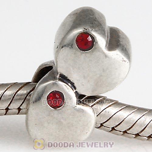 European Sterling Double Heart Charm with Siam Austrian Crystal Beads