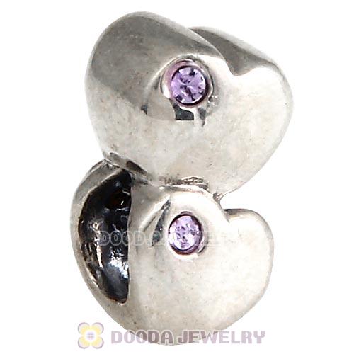 European Sterling Double Heart Charm with Violet Austrian Crystal Beads