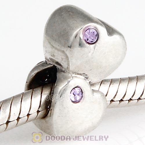European Sterling Double Heart Charm with Violet Austrian Crystal Beads