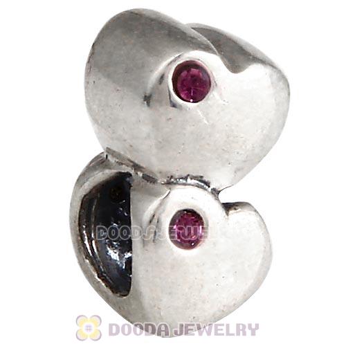 European Sterling Double Heart Charm with Amethyst Austrian Crystal Beads