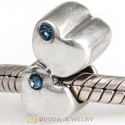 European Sterling Double Heart Charm with Montana Austrian Crystal Beads