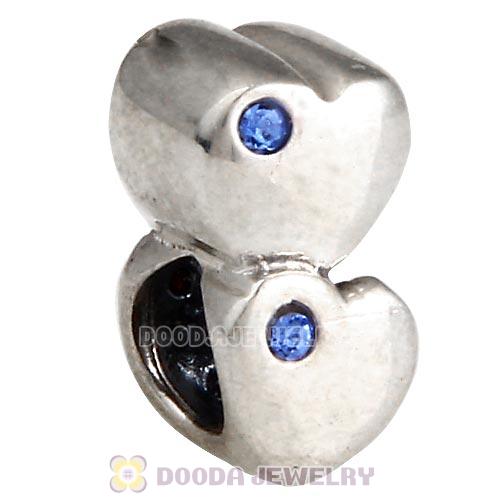 European Sterling Double Heart Charm with Sapphire Austrian Crystal Beads
