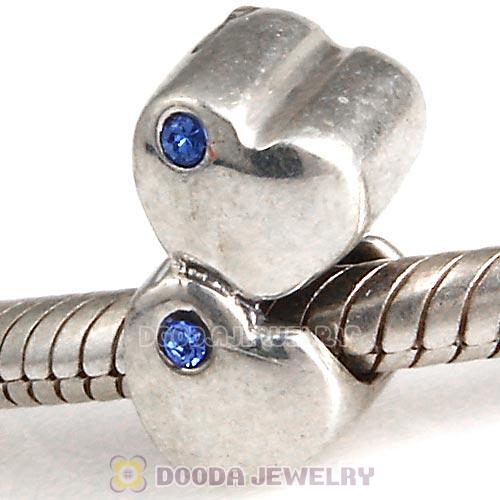 European Sterling Double Heart Charm with Sapphire Austrian Crystal Beads