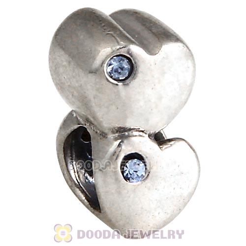 European Sterling Double Heart Charm with Light Sapphire Austrian Crystal Beads