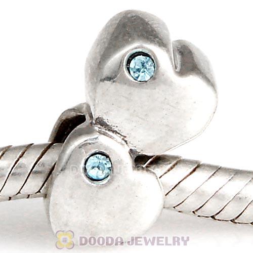 European Sterling Double Heart Charm with Aquamarine Austrian Crystal Beads