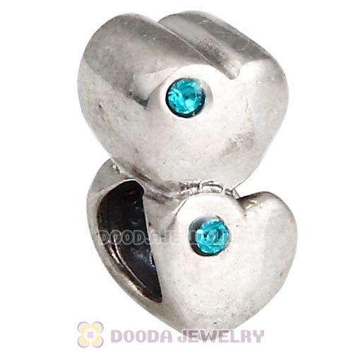 European Sterling Double Heart Charm with Blue Zircon Austrian Crystal Beads