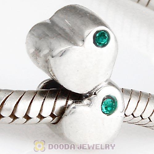 European Sterling Double Heart Charm with Emerald Austrian Crystal Beads