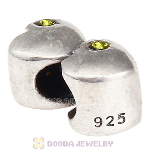European Sterling Double Heart Charm with Olivine Austrian Crystal Beads