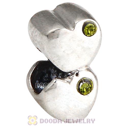 European Sterling Double Heart Charm with Olivine Austrian Crystal Beads