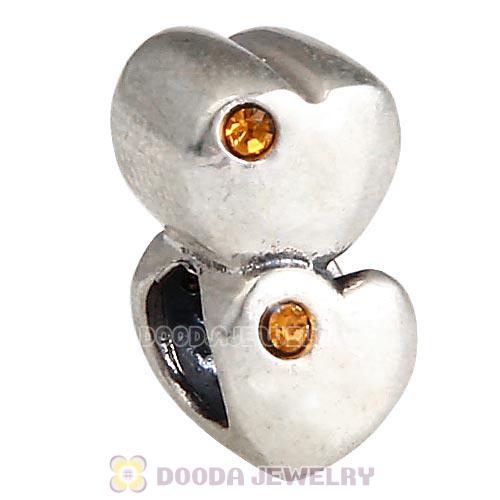 European Sterling Double Heart Charm with Topaz Austrian Crystal Beads