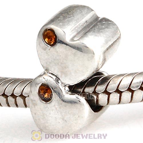 European Sterling Double Heart Charm with Smoked Topaz Austrian Crystal Beads