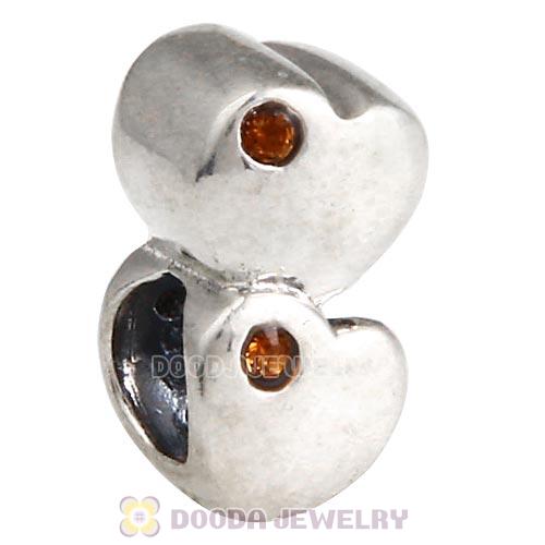 European Sterling Double Heart Charm with Smoked Topaz Austrian Crystal Beads