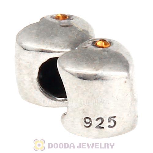 European Sterling Double Heart Charm with Smoked Topaz Austrian Crystal Beads