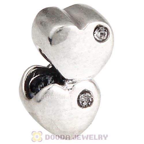 European Sterling Double Heart Charm with Black Diamond Austrian Crystal Beads