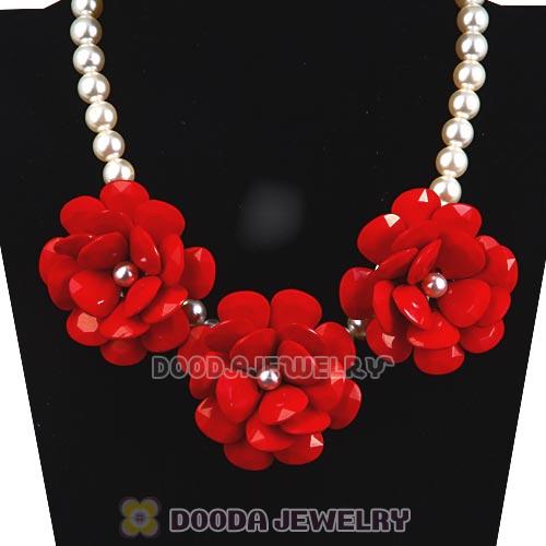 2013 Red Resin Flower Rose Imitate Pearl Necklaces Wholesale