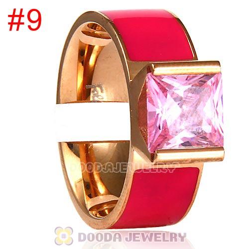 High Quality Rose Golden Titanium Steel Finger Ring with Pink CZ Stone