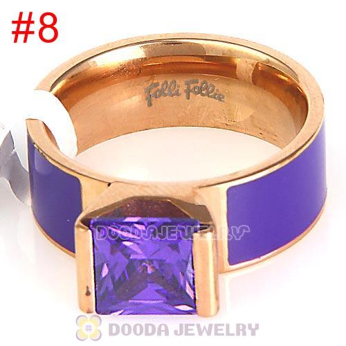 High Quality Rose Golden Titanium Steel Finger Ring with Purple CZ Stone