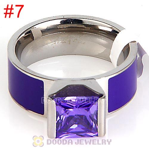 High Quality Silver Plated Titanium Steel Finger Ring with Purple CZ Stone