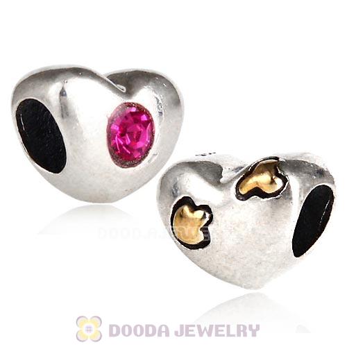 European Sterling Silver Gold Plated Love Struck Charm Bead with Fuchsia Austrian Crystal