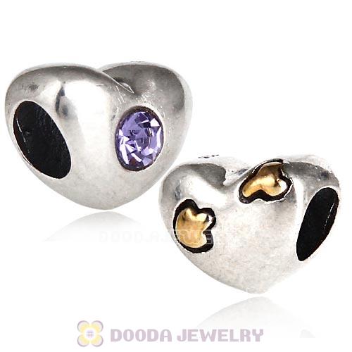 European Sterling Silver Gold Plated Love Struck Charm Bead with Tanzanite Austrian Crystal