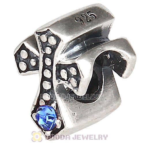 European Antique Sterling Silver Cross Charm Bead with Sapphire Austrian Crystal