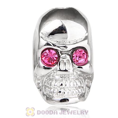 8×14mm Rhodium plated Sterling Silver Skull Head Bead with Rose Austrian Crystal