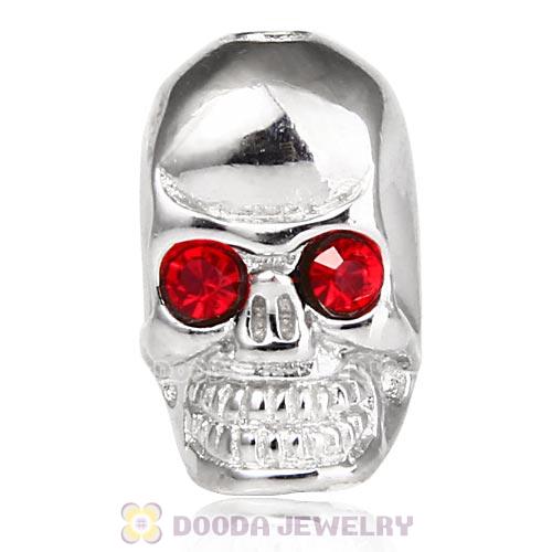 8×14mm Rhodium plated Sterling Silver Skull Head Bead with Light Siam Austrian Crystal