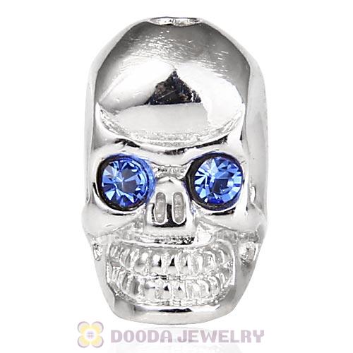 8×14mm Rhodium plated Sterling Silver Skull Head Bead with Sapphire Austrian Crystal