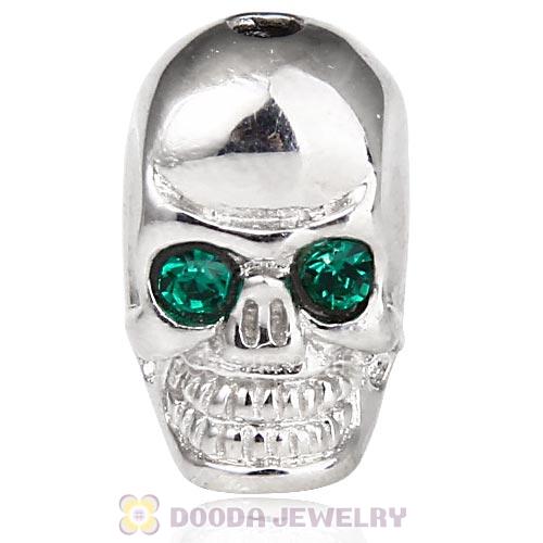 8×14mm Rhodium plated Sterling Silver Skull Head Bead with Emerald Austrian Crystal