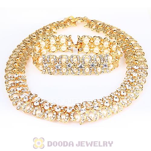 Fashion Gold Plated bling bling Crystal and Pearl Jewelry Set Wholesale