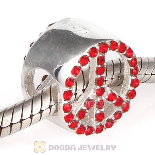 Sterling Silver Peace Button Beads with Light Siam Austrian Crystal