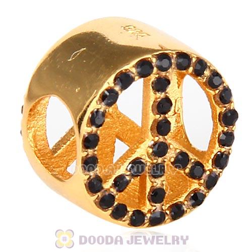 Gold Plated Sterling Silver Peace Button Beads with Jet Austrian Crystal