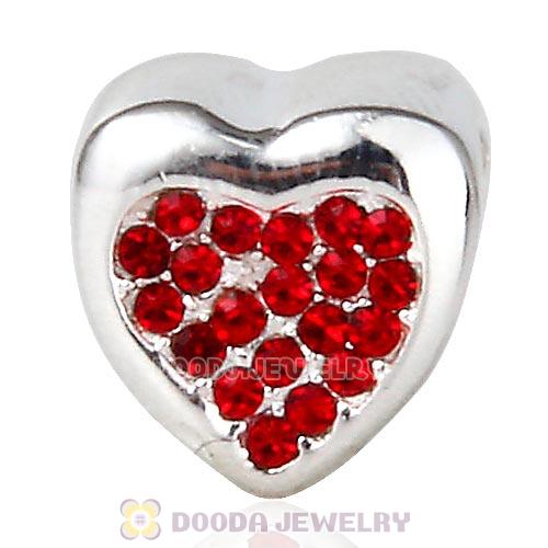 Sterling Silver Glitter Heart Beads with Light Siam Austrian Crystal