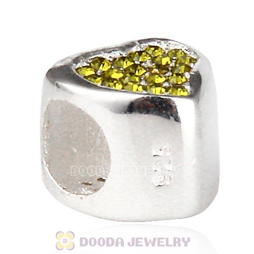 Sterling Silver Glitter Heart Beads with Olivine Austrian Crystal
