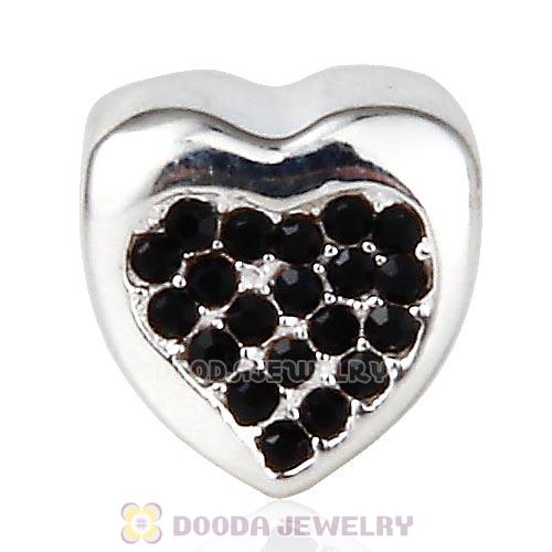 Sterling Silver Glitter Heart Beads with Jet Austrian Crystal