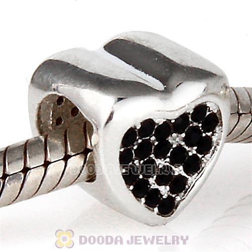Sterling Silver Glitter Heart Beads with Jet Austrian Crystal
