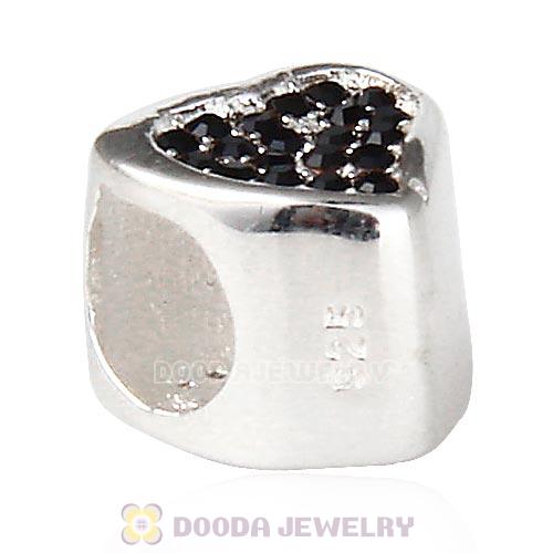Sterling Silver Glitter Heart Beads with Jet Austrian Crystal
