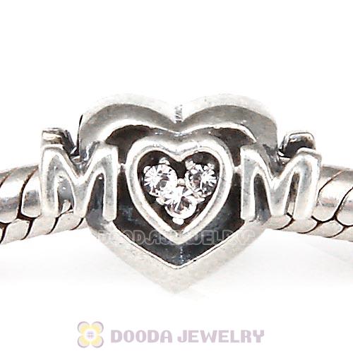 Sterling Silver European MOM Heart Bead with Crystal Austrian Crystal