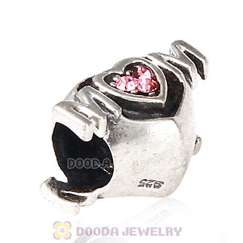 Sterling Silver European MOM Heart Bead with Light Rose Austrian Crystal