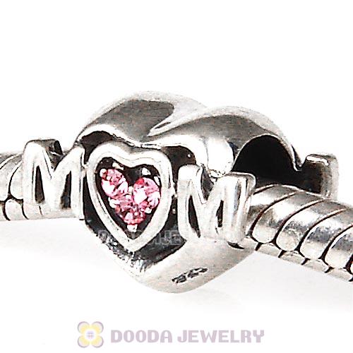 Sterling Silver European MOM Heart Bead with Light Rose Austrian Crystal