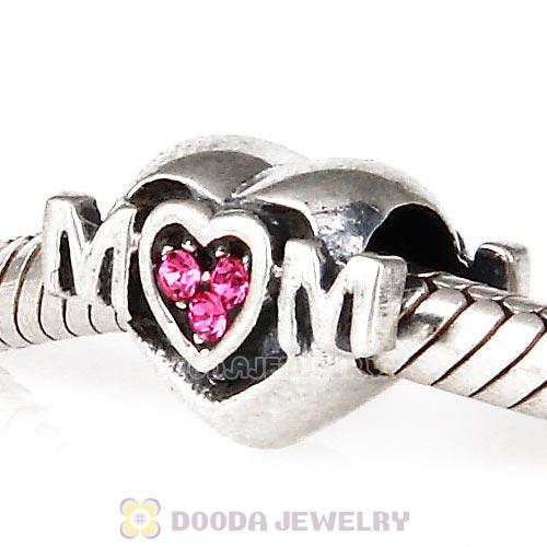 Sterling Silver European MOM Heart Bead with Rose Austrian Crystal