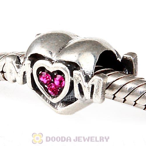 Sterling Silver European MOM Heart Bead with Fuchsia Austrian Crystal