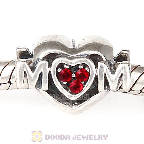 Sterling Silver European MOM Heart Bead with Siam Austrian Crystal