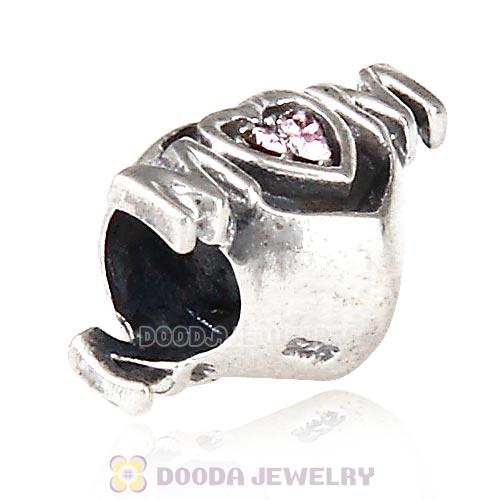 Sterling Silver European MOM Heart Bead with Light Amethyst Austrian Crystal