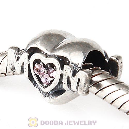 Sterling Silver European MOM Heart Bead with Light Amethyst Austrian Crystal