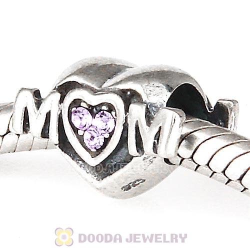 Sterling Silver European MOM Heart Bead with Violet Austrian Crystal