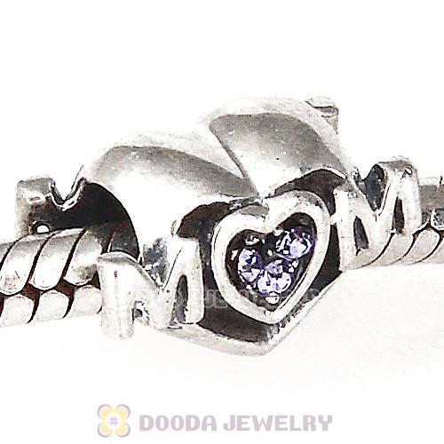 Sterling Silver European MOM Heart Bead with Tanzanite Austrian Crystal