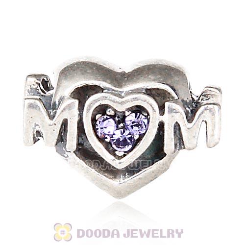 Sterling Silver European MOM Heart Bead with Tanzanite Austrian Crystal