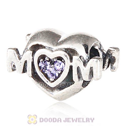 Sterling Silver European MOM Heart Bead with Tanzanite Austrian Crystal